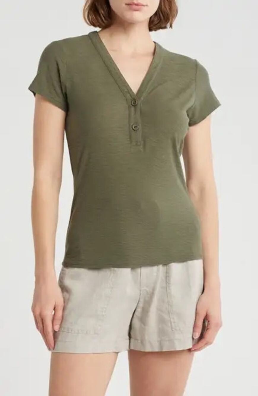 James Perse V-Neck Short Sleeve Henley Cotton Modal Blend Large
